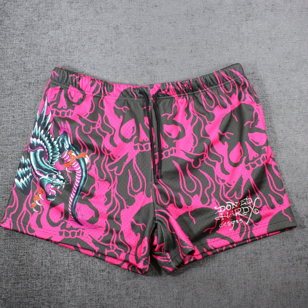 Ed Hardy Mesh Athletic Shorts Mens XL Pink Grey Skull Panther Tattoo Print